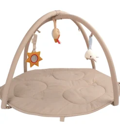Filibabba Babylegetøj|Aktivitetsstativer>Aktivitetstæppe m. 3 Aktivitetslegetøj - Beige