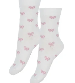 Børn Fuzzies Strømper|Strømper - 2-pak - Hvid/Rosa m. Sløjfer