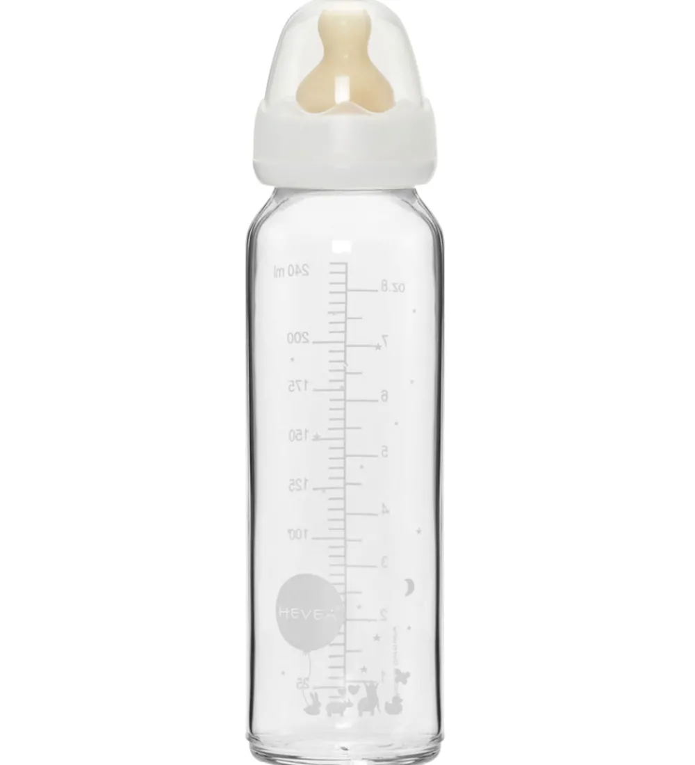 Hevea Sutteflasker|Sutteflaske - 240 ml - Glas/Naturgummi - Hvid