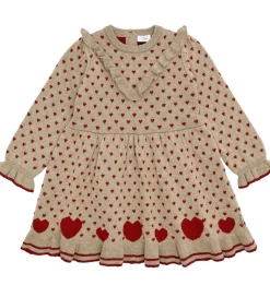 Børn Hust and Claire Kjoler>Kjole - Strik - HCKarina - Biscuit/Rød m. Hjerte