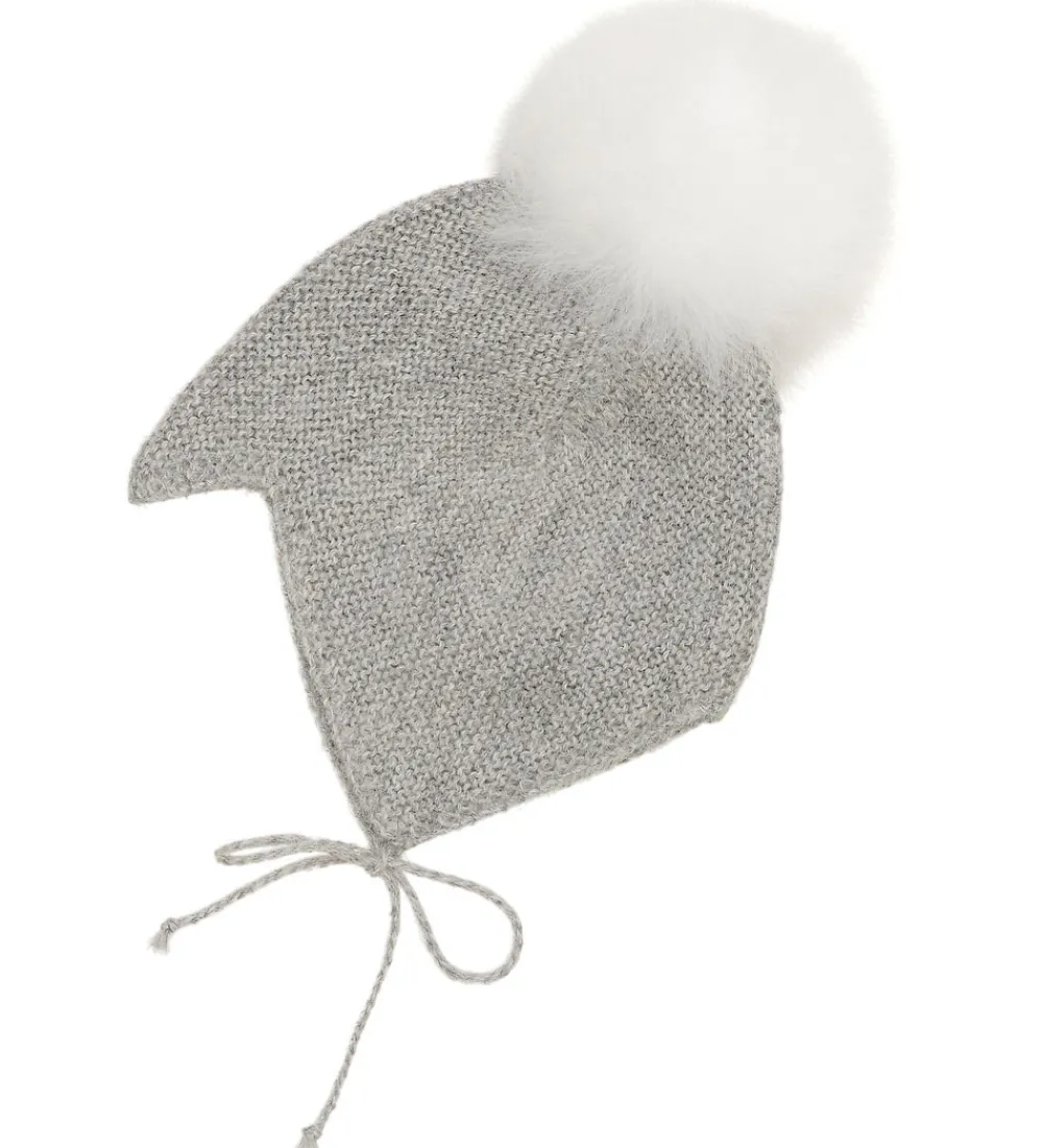 Børn Huttelihut Babyhjelme|Babyhjelm m. Kvast - Alpakauld - Strik - Gråmeleret