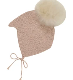 Børn Huttelihut Babyhjelme|Babyhjelm m. Kvast - Alpakauld - Strik - Mahogany Ros