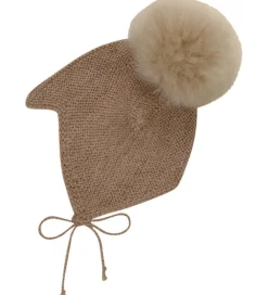 Børn Huttelihut Babyhjelme|Babyhjelm m. Kvast - Alpakauld - Strik - Camel Melang