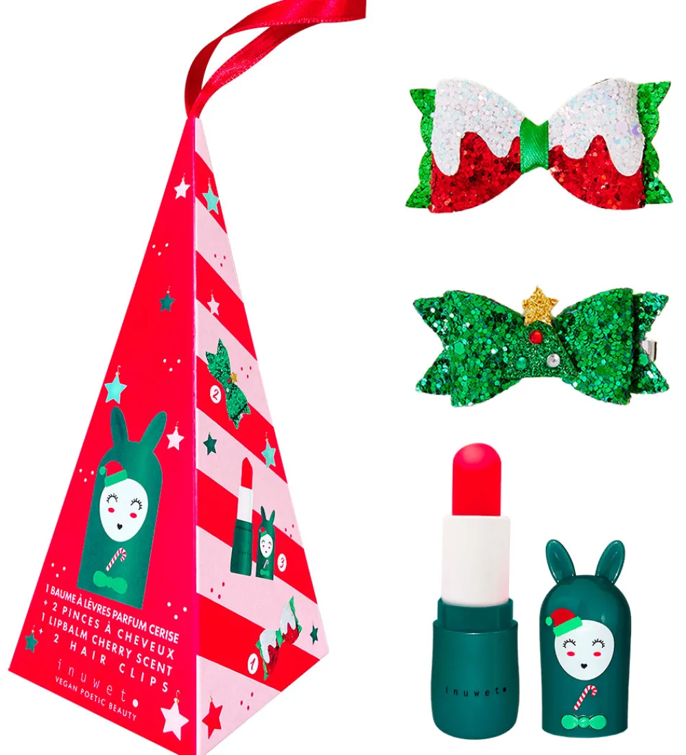 Inuwet Sminke>Sæt - Læbepomade/2 Jule Hårspænder - 6,5x3 cm - Bunny Gre