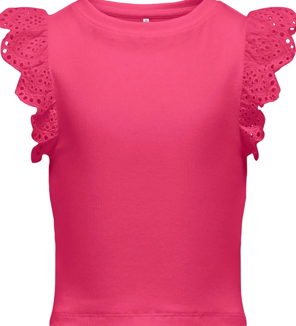 Børn Kids Only Toppe|Top - Rib - KogDrea - Fuchsia Purple m. Broderi Anglai