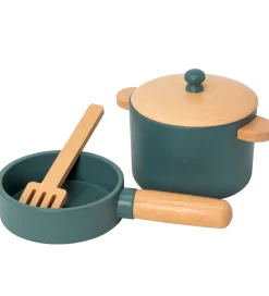 MaMaMeMo Legemad|Legekøkken Og Legemøbel|Gryde/Pandesæt - Træ - Emerald Green