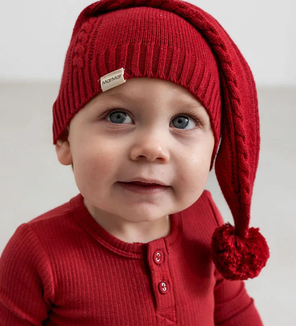Børn MarMar Juletøj>Nissehue - Strik - Alfen - Hibiscus Red