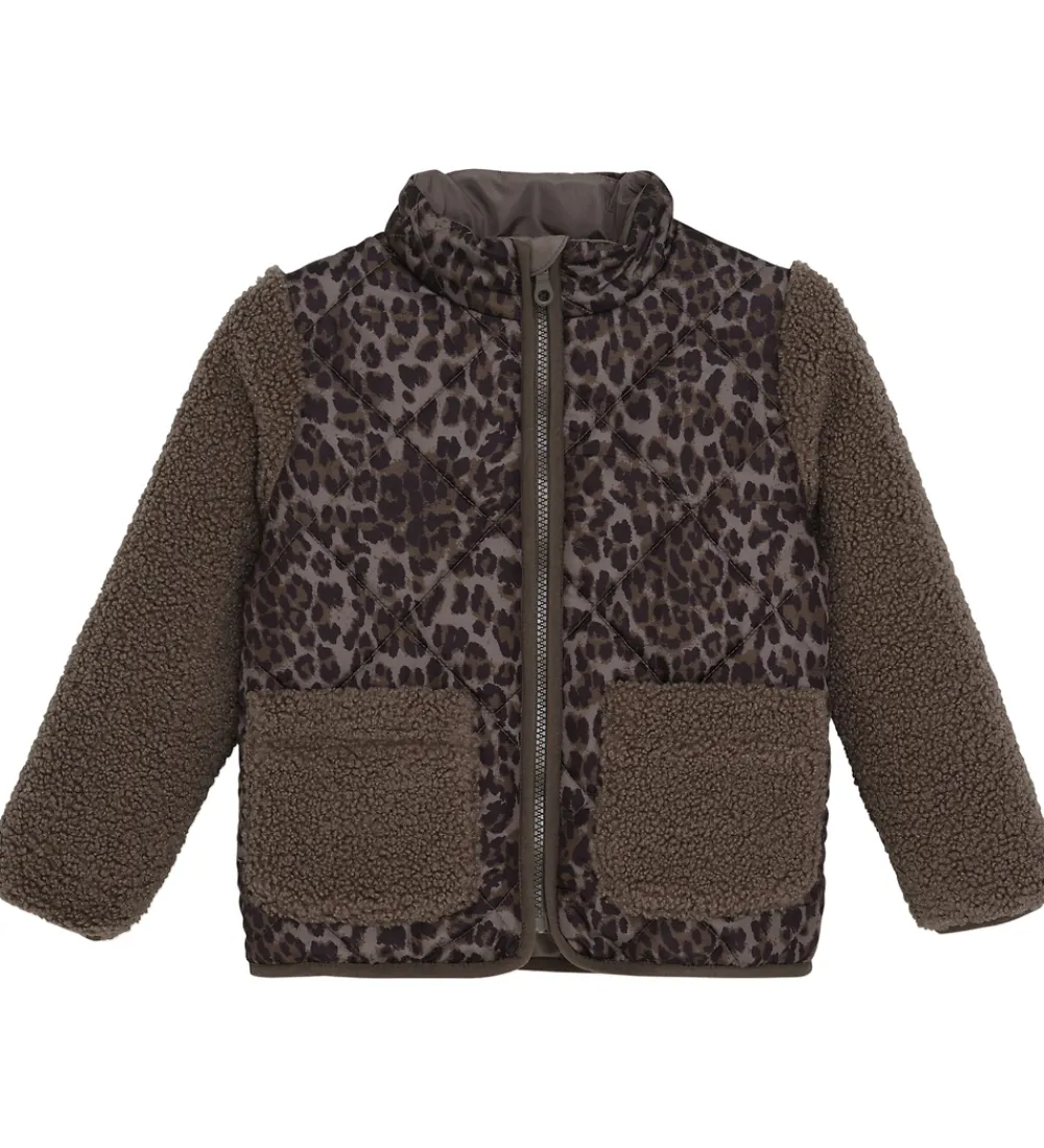 Børn Minymo Fleece|Jakke - Chocolate Chip m. Leopardprint