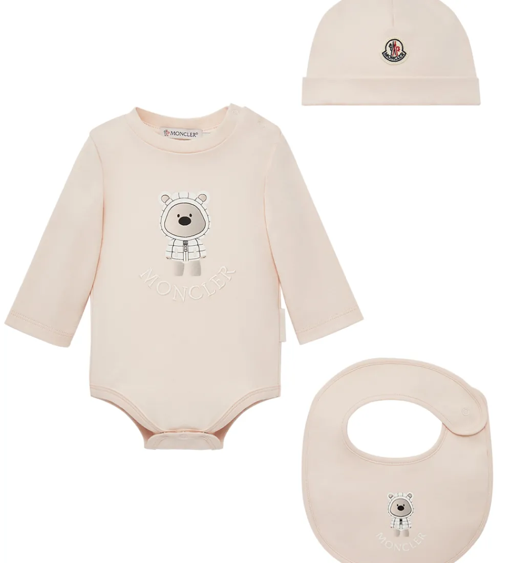 Moncler Savlesmække>Sæt - Hue/Savlesmæk/Body l/æ - Light Pink m. Bamse