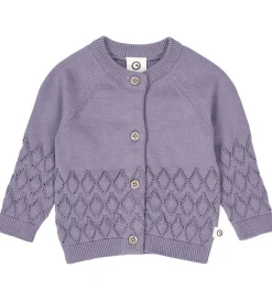 Børn Müsli Striktrøjer|Cardigan - Strik - Leaf - Lilac Fog m. Hulmønster