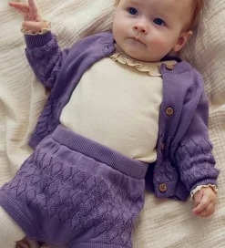 Børn Müsli Striktrøjer|Cardigan - Strik - Leaf - Lilac Fog m. Hulmønster