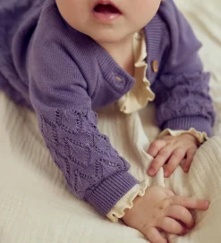 Børn Müsli Striktrøjer|Cardigan - Strik - Leaf - Lilac Fog m. Hulmønster