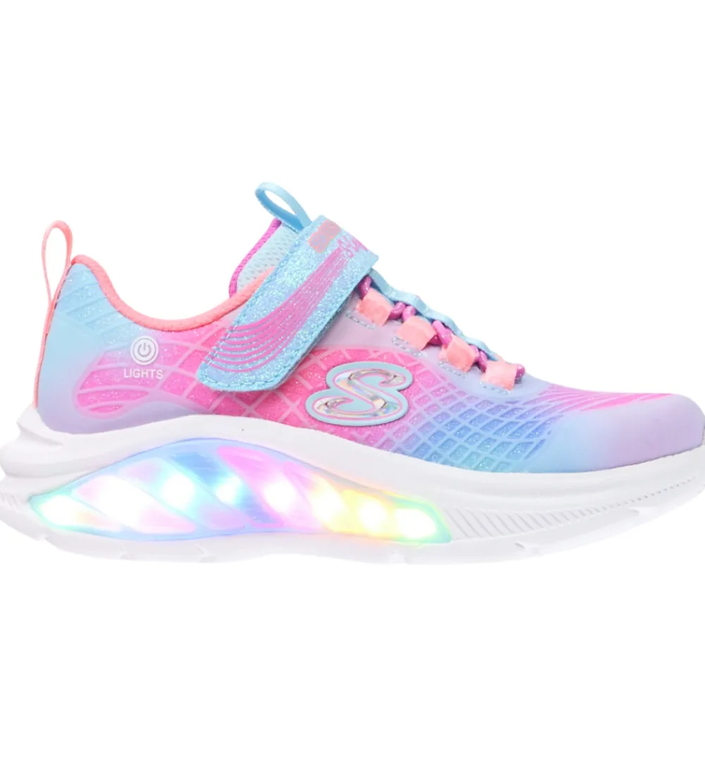 Skechers Sneakers|Sketchers Sko m. Lys - Rainbow Reflection - Light Blue/ Multi