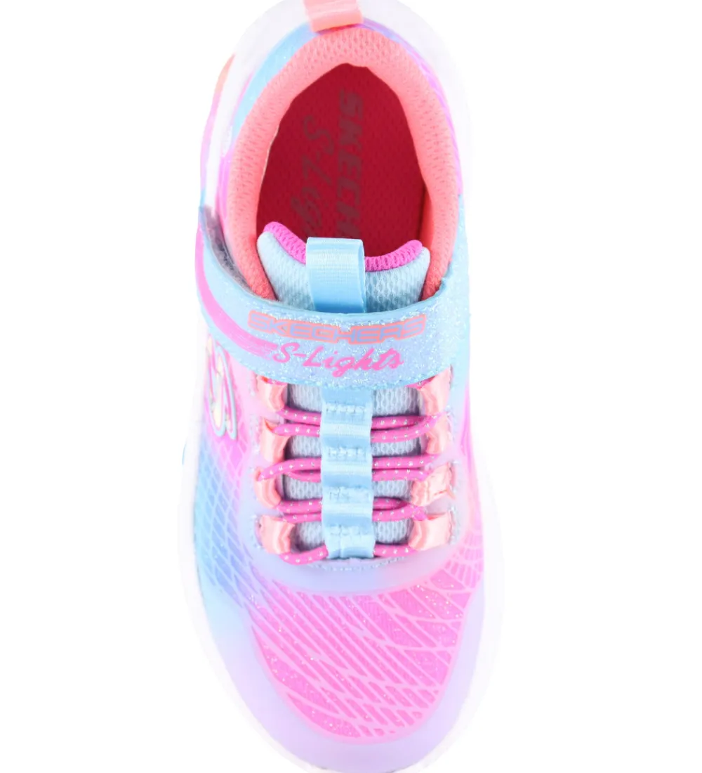 Skechers Sneakers|Sketchers Sko m. Lys - Rainbow Reflection - Light Blue/ Multi